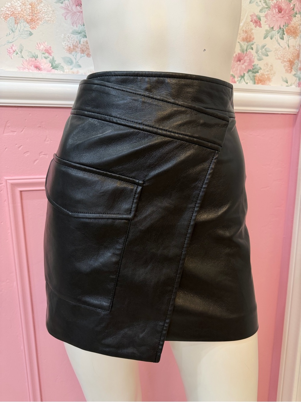 Babaton Black Faux Leather Asymmetric Mini Skirt
